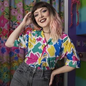 80's Vintage Colorful Rainbow Funky Abstract Short Sleeve Button Up Shirt